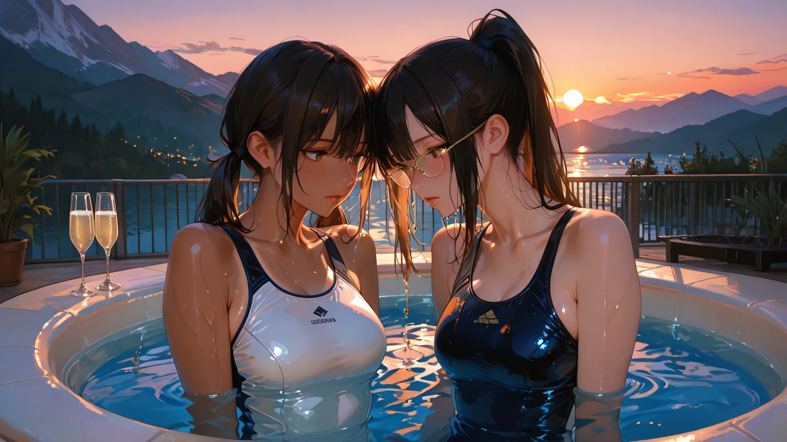 Wearing sweat,dutch angle shot,ground-level shot,low angle,full body shot,medium shot:1.8,Mid summer,The bikini,Night Pool:1.8,jumping into the pool,Blowing in the wind,Wet hair,2 girls in , (Raw photo: 1.2), (Realism: 1.4), (masutepiece: 1.3), (exquisite detailing: 1.2), kiss,Delicate and beautiful details, (Eye Detail), (Facial Detailed), (Highest Quality) :1.4), (Hyper-Resolution: 1.2), cinematric light, (very detailed illustration), Best Quality,depth of fields, Wide light, natural shadows