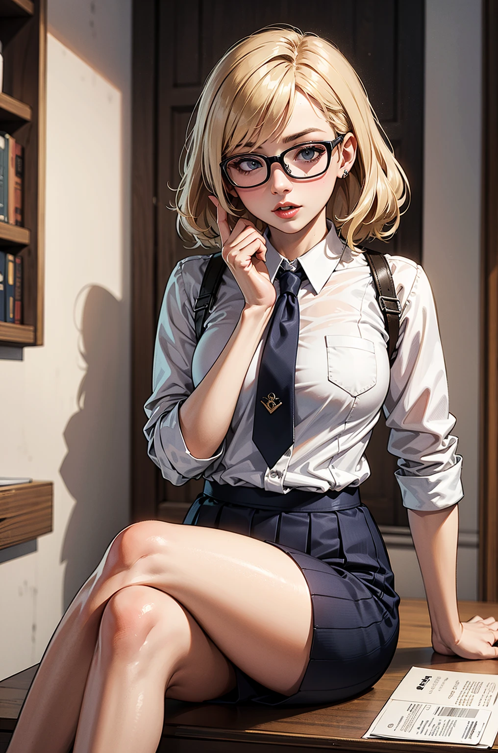 Masterpiece, a beautiful woman, (fantasy library background), (tight business shirt), (very short skirt), (stockings), glasses, (medium breasts), perfect body, blonde hair, hair tied in aa loose bun, legs, (skin texture:1.1), best quality, ultra high res, (photorealistic: 1.4), Raw photo, Rich Colors, Realistic, Cinestill 800, backlight, rimlighting, studiolighting, Penthouse photoshoot