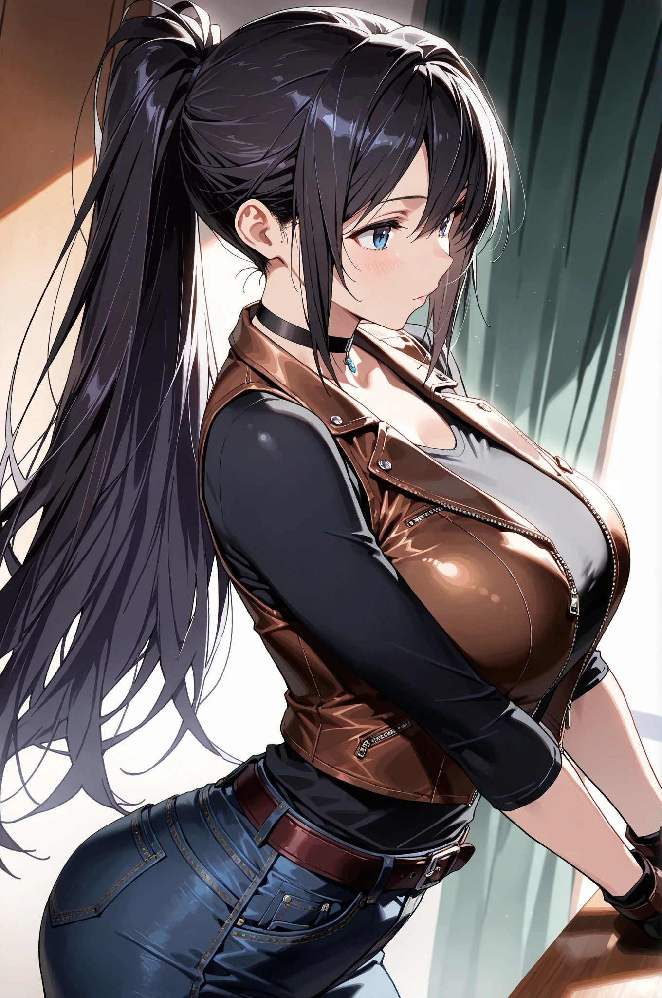 one Rebecca wearing punk clothes and chains, mature woman, long brown hair, blue eyes, large , disgusted look, [ 4 k digital art ]!!, seductive anime girl, deviantart artstation cgscosiety, trending on cgstation, 8k high quality detailed art, photorealistic anime girl render, kawaii hq render, commission for high res