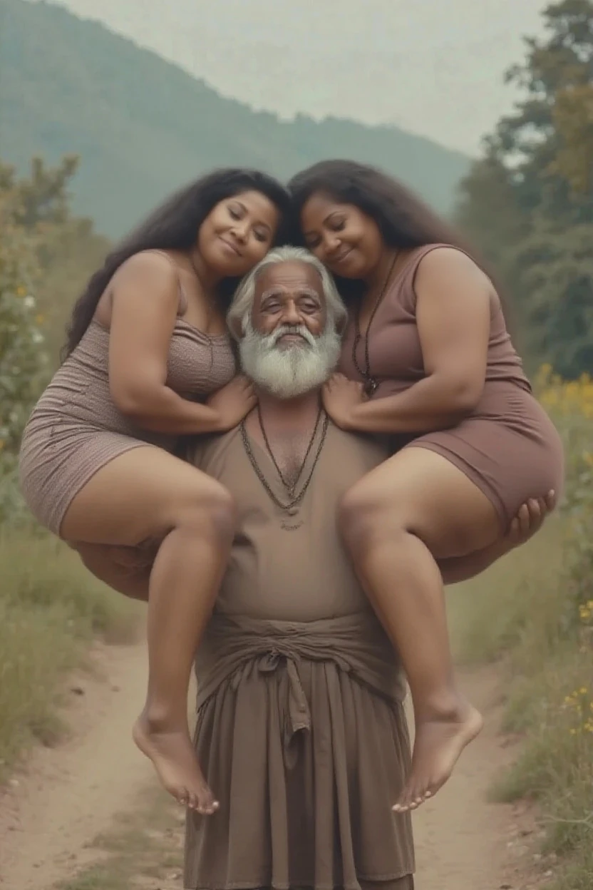 Sri Lankan skinny women of 34 years, wearing wet pink t-shirt, big breasts, climbing a tree and Old man wearing just a sarong, is under the tree looking up, so is to save the girl if she fall from the tree
