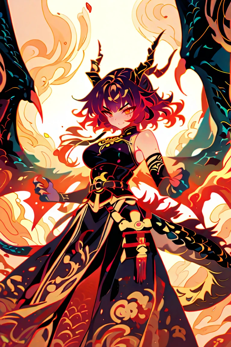 a mystical warrior woman with short red hair, piercing blue eyes, and red dragon-like horns, wings, and tail, wearing intricate dark purple armor with gold plating, wielding a flaming sword and emanating powerful fire magic, disappointed look, dragon tattoo on her stomach, exposed stomach, purple clothes, dragon tattoo, covered breast