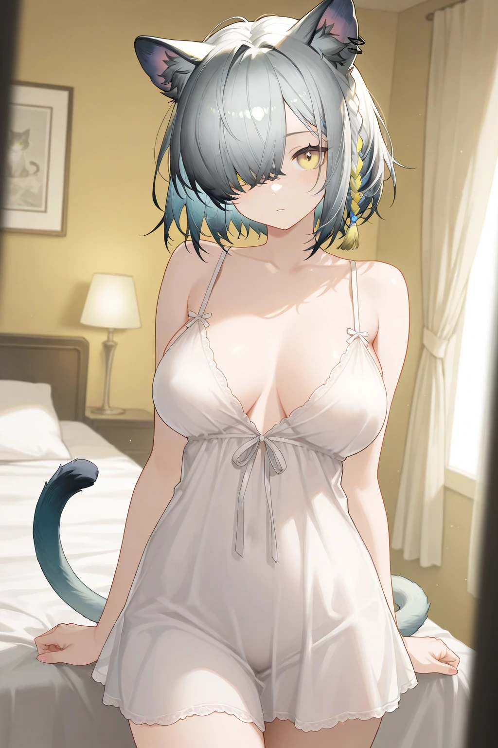 masterpiece, best quality, <lora:chloerollo-nvwls-v1-000009:0.9> chloe rollo, cat ears, maid headdress, white tank top, underboob, panties, tail, from below, frown, looking at viewer, bedroom