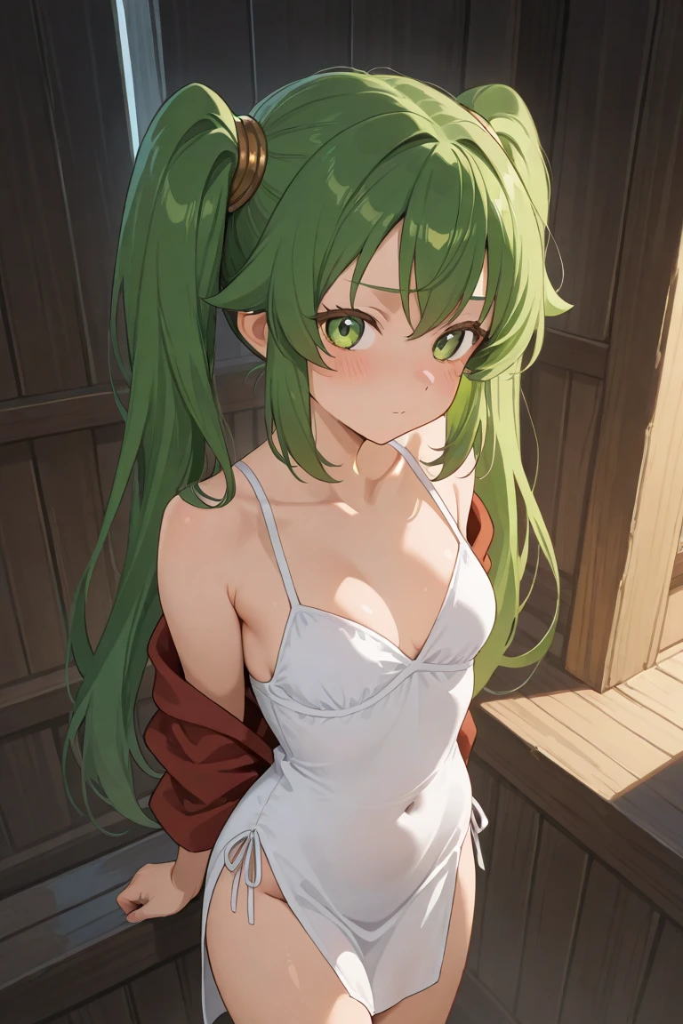 masterpiece, best quality, solo, cursed woman, flower hair, red eyes, green hair, dryad, glaring at viewer, green skin, surrounded by fire,