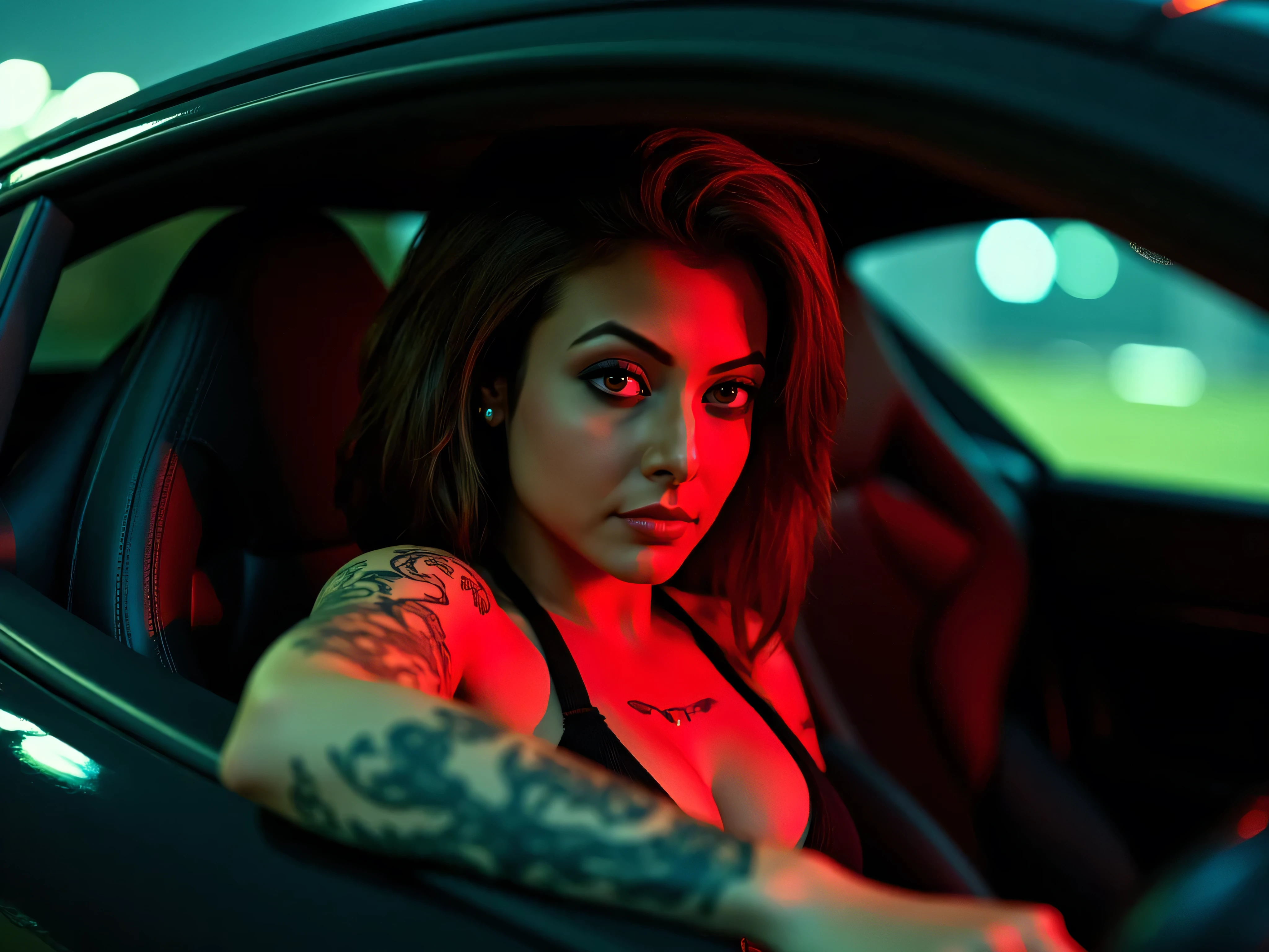 koel mallick, Close up shot of a woman formula one racer, video game protagonist, Gothic style-statement, brown voluminous boys-cut hair with side-fade, nose and ear piercing, eyebrow slit, tattoos all over body. wearing black halterneck bodycon, deep cleavage, red eyeballs. Sitting inside a black luxury sports-car, looking out of window directly at the camera, serious vengeful cold expression, one arm resting over the window channel. Dark, night time, 4k, photo-realistic, high contrast, action movie concept art, masterpiece, low angle bottom view, action pose. UDH Wallpaper, DSLR, ultra-detailed, ultra-sharp, strong red, blue, black and green dominated colour palette.