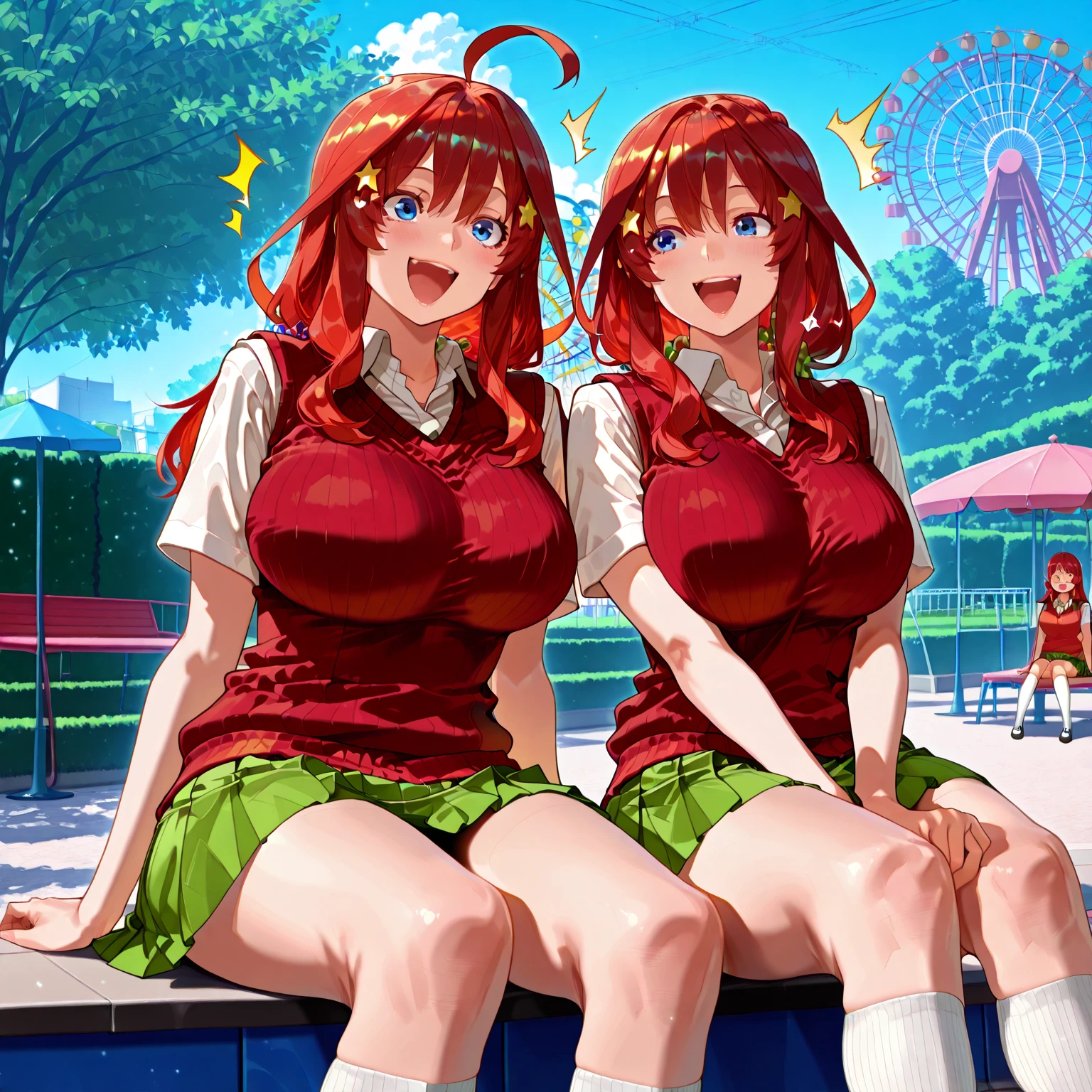 two sexy bubbly and cheerful women in kindergarten teachers outfits, kneeling, short, vibrant curly orange hair with highlights of pink, flirtatious smiles, looking at camera, view from above