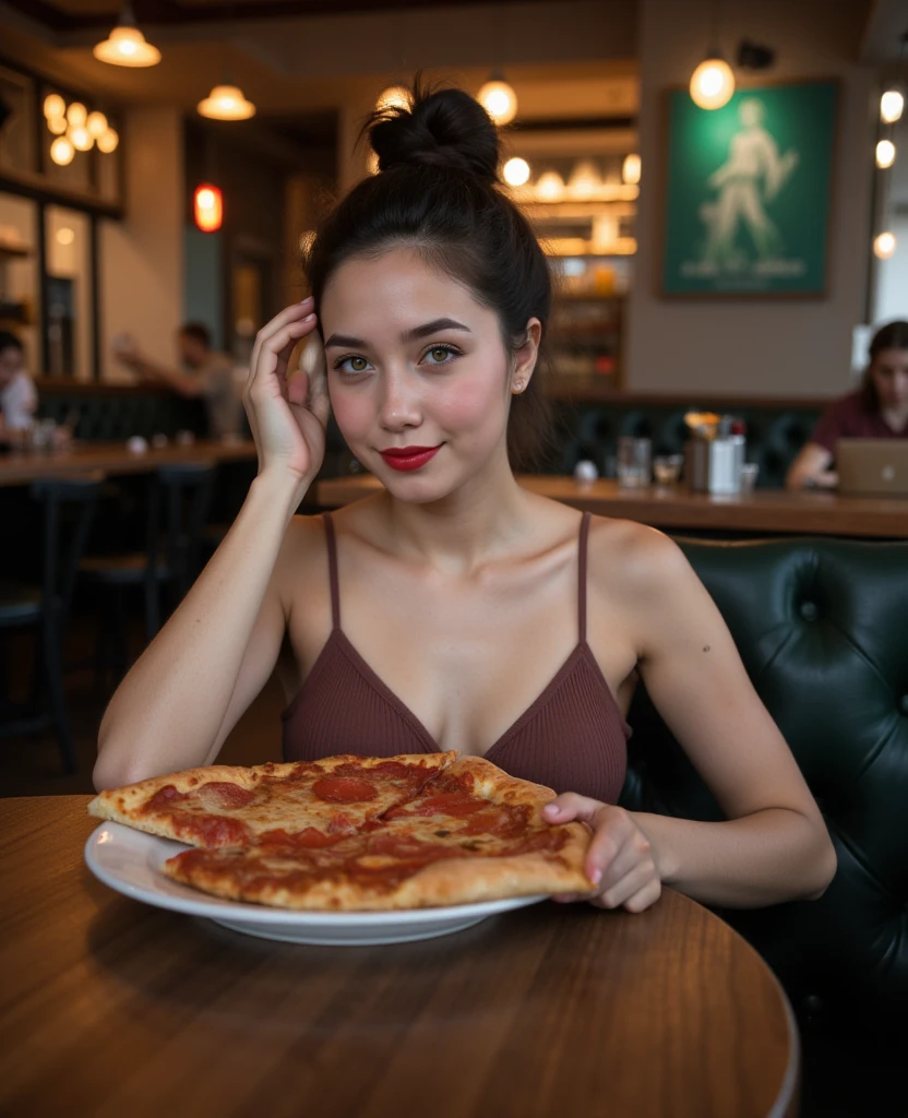 A glamorous lady holding or eating a piece of pizza which looks like an anime character or hyper realistic