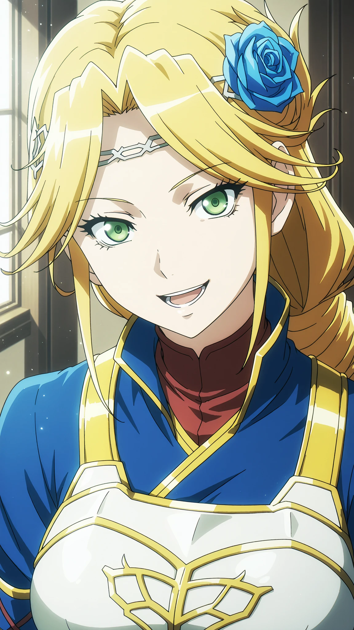 lakyus alvein dale aindra, overlord \(maruyama\)
High quality ,  best quality , masterpiece,  High Resolution , detailed face( LoRA: lakyus),anatomically correct, detailed hair(LoRA: lakyus) , anime Coloring
solo, 1 girl,human
blonde hair, green eyes, braid, blue Rose, hair Rose, hair ornament, long hair, drill hair, ponytail, hair flower,
armor, gloves, red , blue dress, breastplate, gauntlets,,
looking at viewer ,close up,
Japanese-style room,
, open mouth,  smile,
