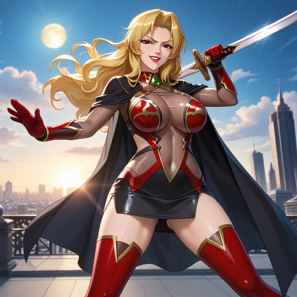 (masterpiece, best quality, ultra detailed, absurdres)1.5, 1girl, (sexy, beautiful woman, perfect face, perfect eyes, perfect female body)1.5, (AliciaViewstream, wavy hair, long hair, blonde hair, red eyes, mature female, milf, v-shaped eyebrows, red lips, extremely detailed clothes, smile, red-black cape, red elbow gloves, red thigh boots, red impossible clothes, ),very detailed, depth of fields。Create depth with atmospheric lighting,wide wide shot,detail,（Hyper-detailing）,（Complicated details）,（High resolution CGI artwork 8k), palace, ballroom windows, day, standing, dynamic pose,

