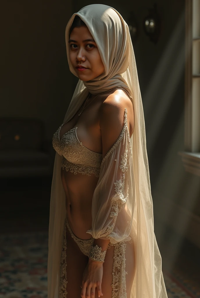 (from front),(RAW photo, best quality), (realistic, photo-realistic:1.3), masterpiece, (standing), an extremely delicate and beautiful, asian girl, extremely detailed, CG, unity , 2k wallpaper, Amazing, finely detail, light smile, extremely detailed CG unity 8k wallpaper, huge file size, ultra-detailed, high res, soft light, 1girl, beautiful detailed girl, detailed fingers, extremely detailed eyes and face, beautiful detailed nose, beautiful detailed eyes, long eyelashes, light on face, looking at viewer, (closed mouth:1.2), cute, young, mature face, (full body:1.3), ((small breasts)), realistic face, realistic body, beautiful detailed thigh, ((woman wearing a white transparent Abaya and peach Hijab)), exposed breast, (skinny girl), ((no pants)), ((exposed genital, no underwear)), ((no panties)), bottomless, ((in cozy bedroom)), no public hair, exposed pussy, ((no bra))