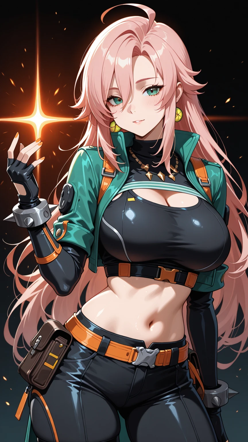 colorful, 1girl, mature, orange hair, yellow eyes, huge breast, dual wielding, sword, holding sword, green gale, glow, glowing weapon, light particles, wallpaper, chromatic aberration,