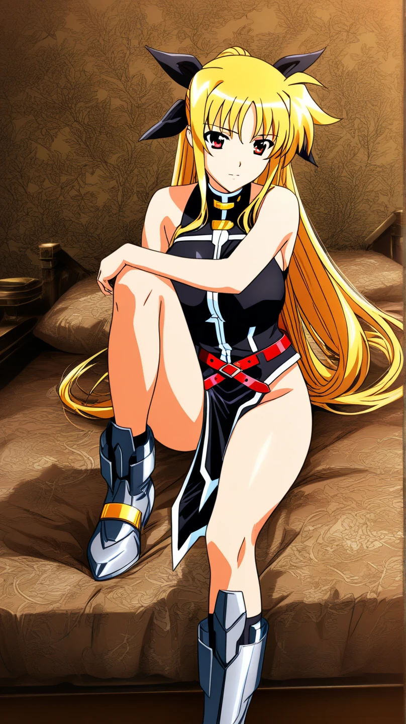 masterpiece, best quality, 1 girl, blonde, blue eyes, black bodysuit, boots, cleavage, very long hair, breasts, sitting on sofa
