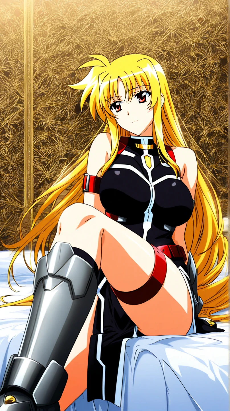 Fate T. Harlaown,Fate T. Harlaown(Magical girl lyrical Nanoha),Magical girl lyrical Nanoha,blonde hair,long hair,straight hair,red eyes,big breasts,lage breasts,thigh,true sonic form(black tights,black leotard,sleeveless)