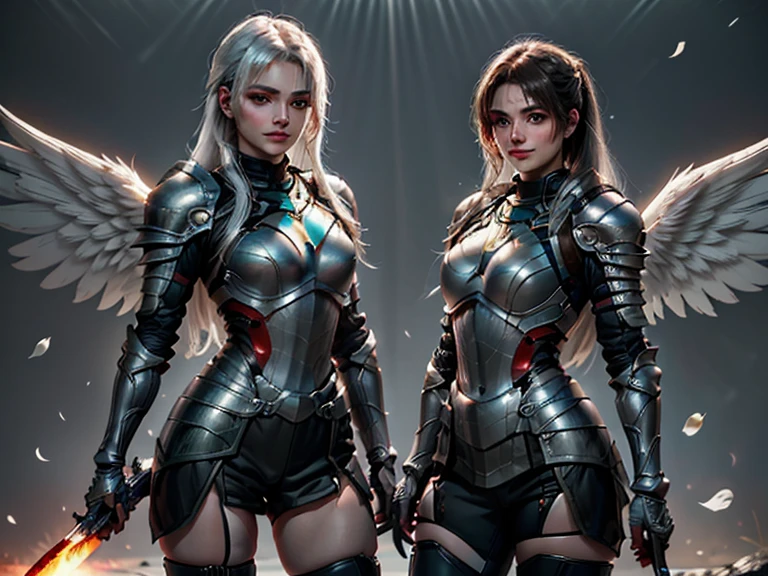 In the darkness, a woman's figure is illuminated by a circular light that frames her head, 18 year old angelic female, complete body, Caucasian skin, short, body, biomechanical body, bio mechanical arm's, curved lips, long fire hair, bio mechanical legs, battle Valhalla background, ultra detailed lighting, larg anglic wings, ultrarealistic, 8k, neon sapphire & white eyes,