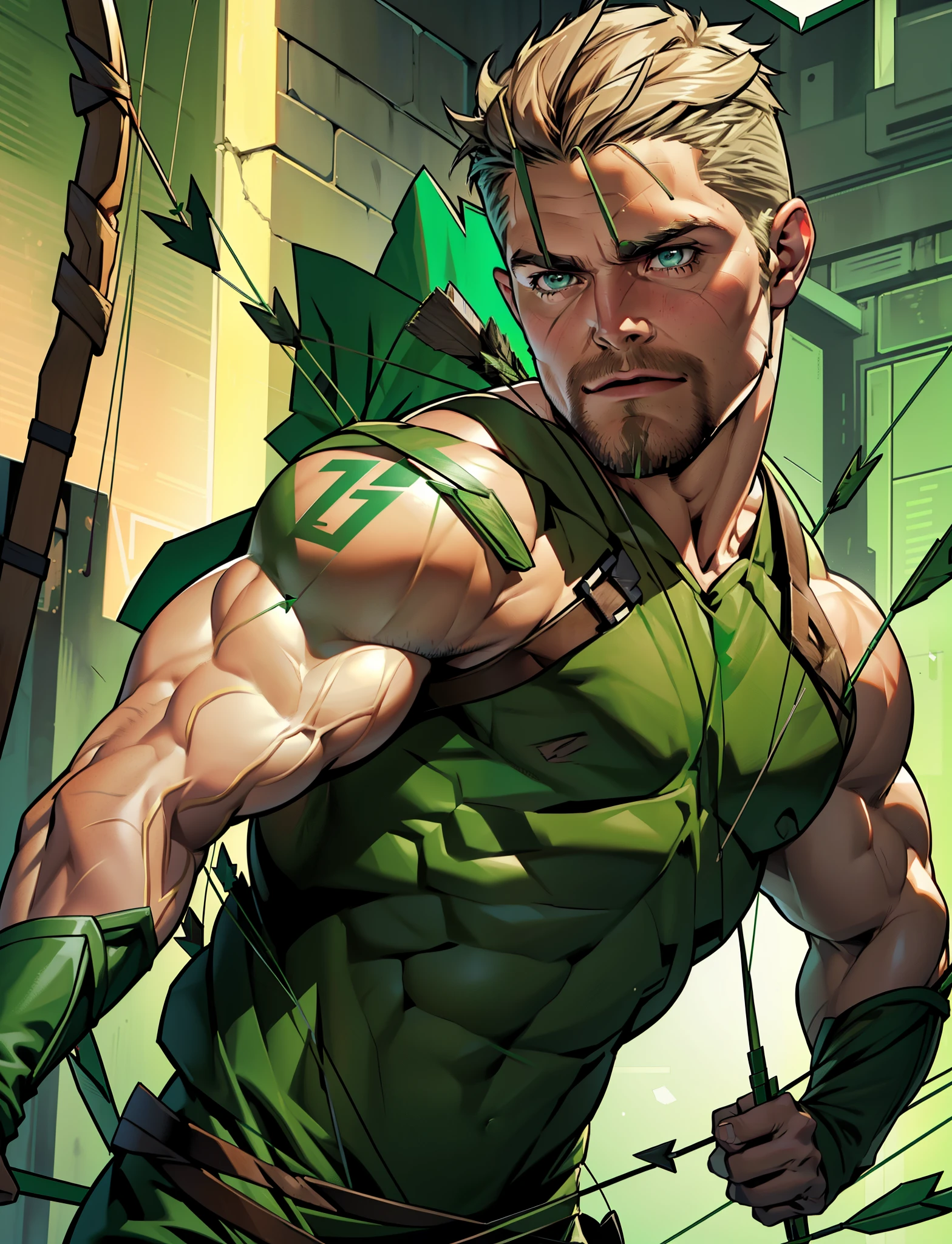 8k, high quality , detailed face , detailed fingers ,detailed muscles stephen amell as green arrow , wearing dark green outfit , showing a dark blond short hair , a thick facial hair , hard nipples, a bulge ,hunk and handsome, aiming with his bow and arrow toward the ennemy , with the quiver on his back full of arrows
