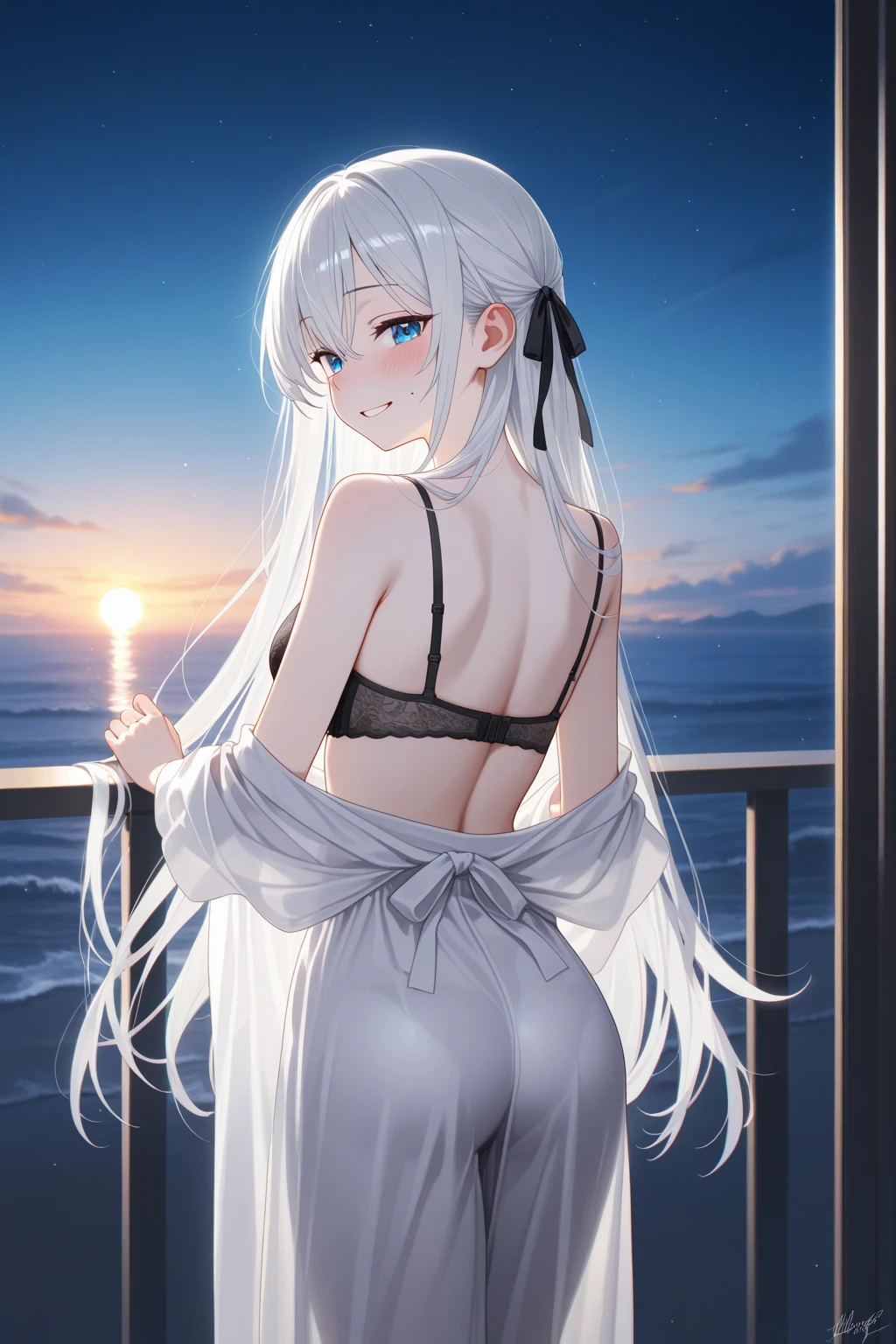 one,((Black bra、Black low-rise panties、Black nail polish))、(She is wearing low rise panties as a setting.)、(White hair color、Light blue-silver inner color hairstyle、Texture like after a bath), Beautiful Hair, Facial Contour, Remember, Hotel, moonlight、splash, Lens flare,, Natural Color, High resolution, Very delicate, Very detailed, 8k,、Shyness,((Sexual))、Lying in bed、Shy smile、Shy gesture、Camera work from behind、Turning around