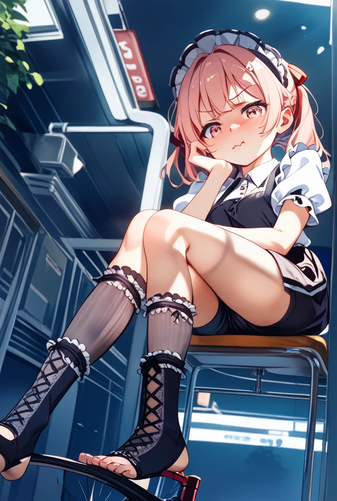 android, beautiful robot. android with blue eyes. Her short brown short pigtails are very short and tied with two big red clothespins, joint seam, black eyes, full body figure, Height: 160cm, She wears nothing without micro mini pantie, show pantie, Uplifting, 1960s japan animation, she wares nothing. She is inserted penis by invisible man. she smiles purely. She is barefoot. M-shaped legs_sitting. M-shaped legs_jumping.