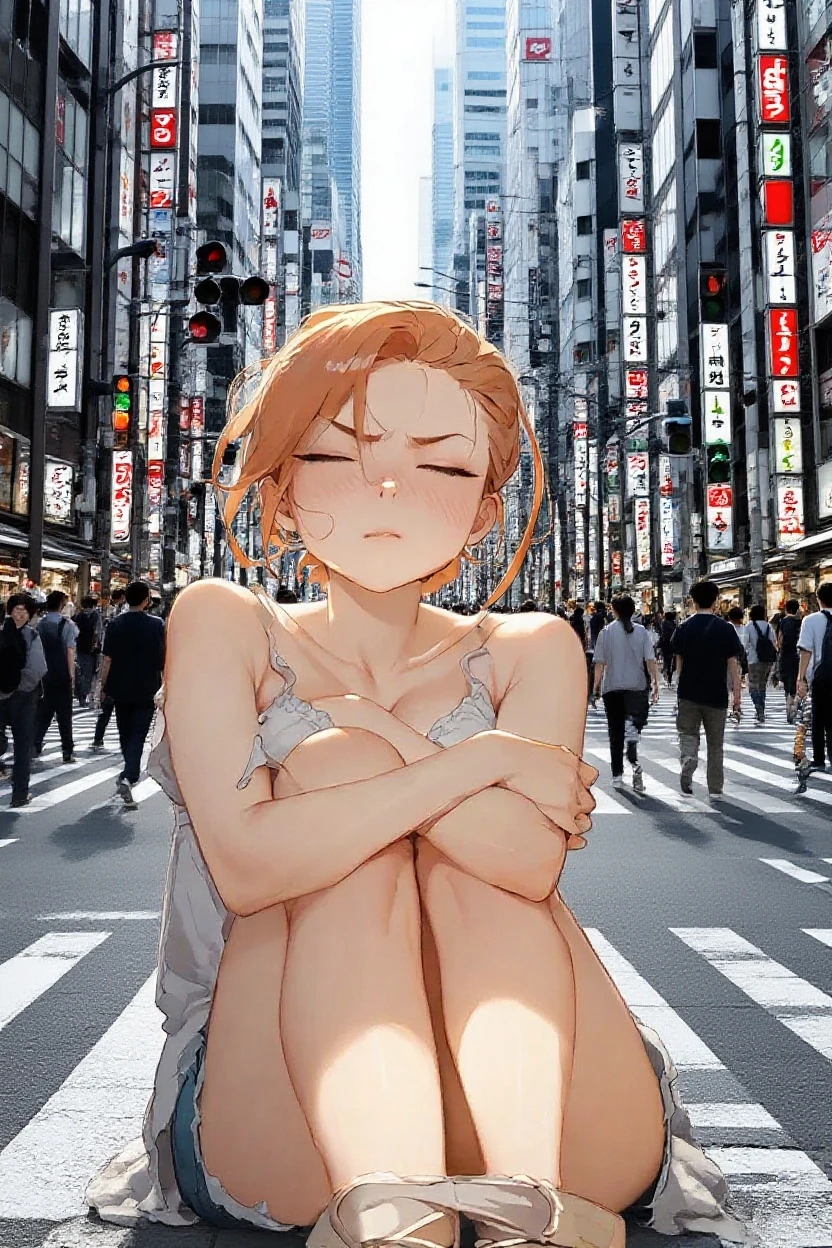 girl、cute、Completely naked、Full nudity、Cat ear、Glasses、Embarrassed face、tears、Shibuya Scramble Crossing、Many buildings are built、Ahegao、first round、Lock、bukkake、whole body、Tattoo、Spread your legs、tits、condom belt、