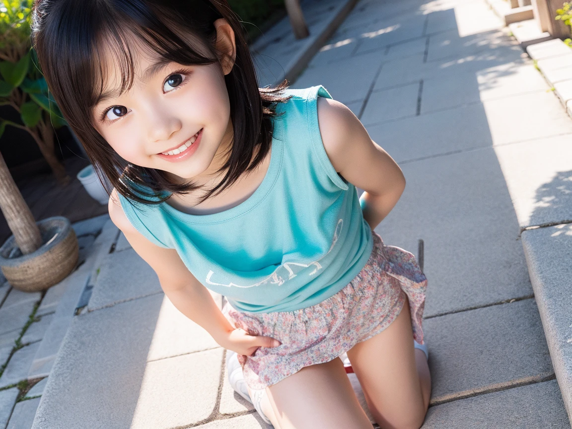 (((Japanese)))(9-year-old girl) ((((One 9-year-old girl、独奏)))) whole body photos Full Shot Medium Short Hair A low ponytail whole body Thighs Casual wear Wet and see-through服 Tank top ((Wet and see-through))See-through short skirt cute (smile) Sandy Beach ((See-through)) Shot from between the legs Spread your legs Spread your legs Panties