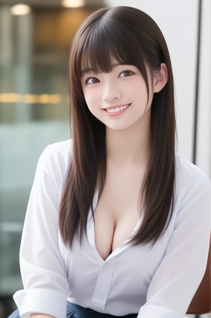 masutepiece, Best Quality, Illustration, Ultra-detailed, finely detail, hight resolution, 8K Wallpaper, Perfect dynamic composition, 1 beautiful girl, Beautiful detailed eyes, girly blouse, long skirt, Medium Hair, normal breasts, Natural Color Lip, Random Poses,Smile, open mouth:0.8, Snazzy cafe, 20 years girl