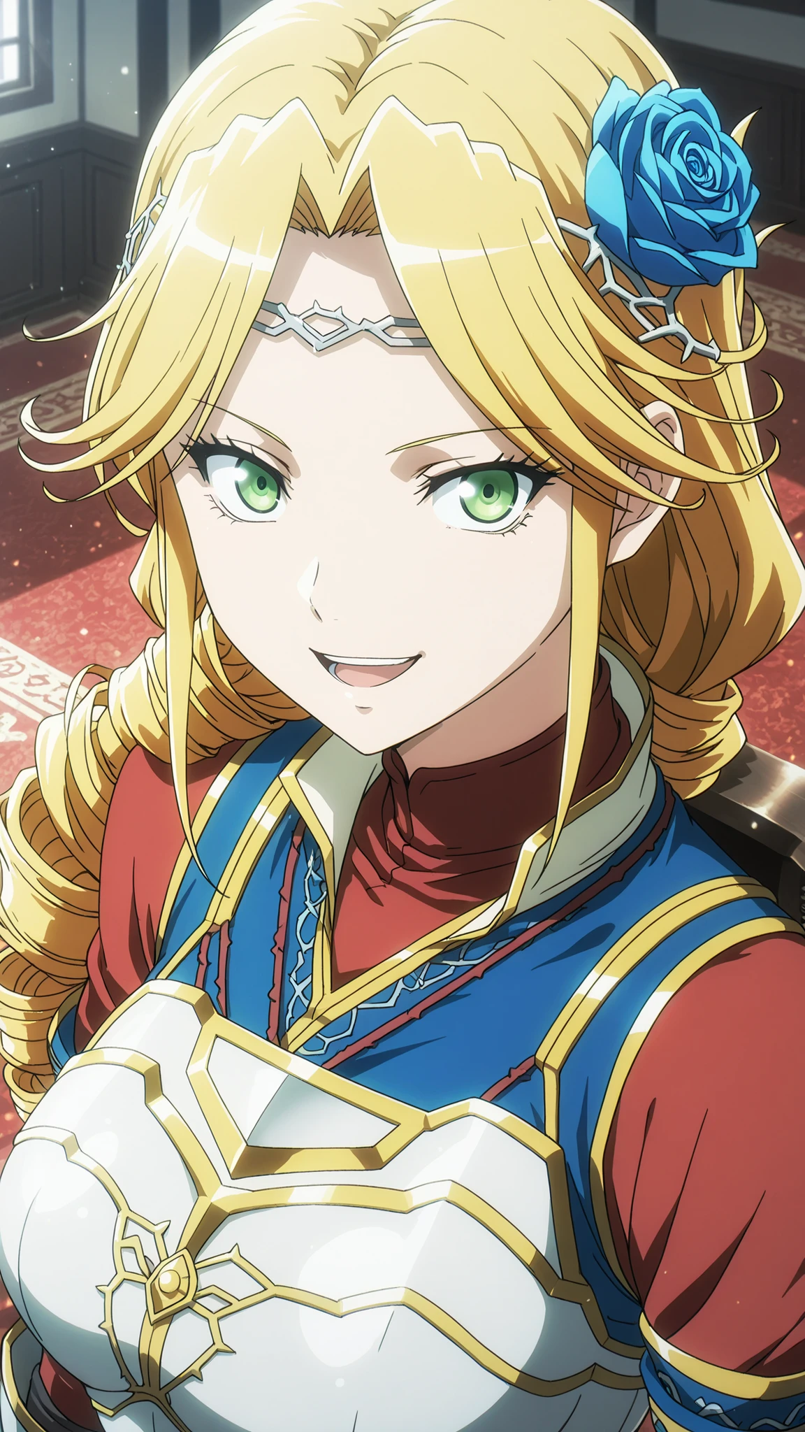 lakyus alvein dale aindra, overlord \(maruyama\)
High quality ,  best quality , masterpiece,  High Resolution , detailed face( LoRA: lakyus),anatomically correct, detailed hair(LoRA: lakyus) , anime Coloring
solo, 1 girl,human
blonde hair, green eyes, braid, blue Rose, hair Rose, hair ornament, long hair, drill hair, ponytail, hair flower,
armor, gloves, red , blue dress, breastplate, gauntlets,,
looking at viewer ,close up,
Japanese-style room,
, open mouth,  smile,

