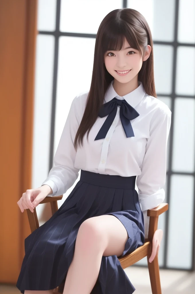 Highest quality, (beautiful)、Brown Hair、Bowtie、Short Sleeve Business Shirt、Close-up、smile、Big 、Shoot from above、Navy Blue Skirt、Black knee socks、School、Sit on a chair、Pink Bra