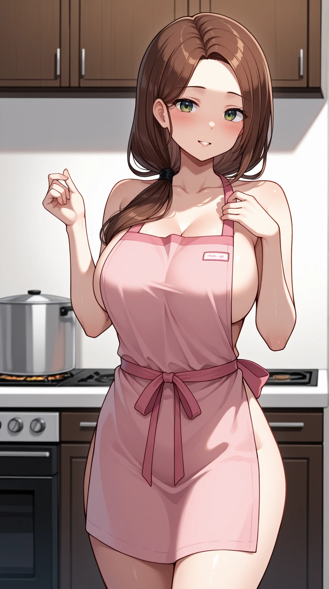 best quality, zemimama, 1girl, solo, apron, apron on naked body, cowboy shot,
