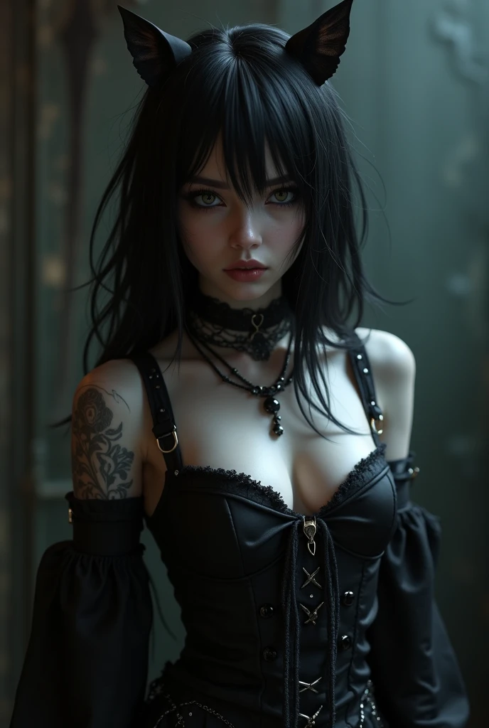 gothic punk pixie, sexually aroused, intimate posture ,burning with lust,
