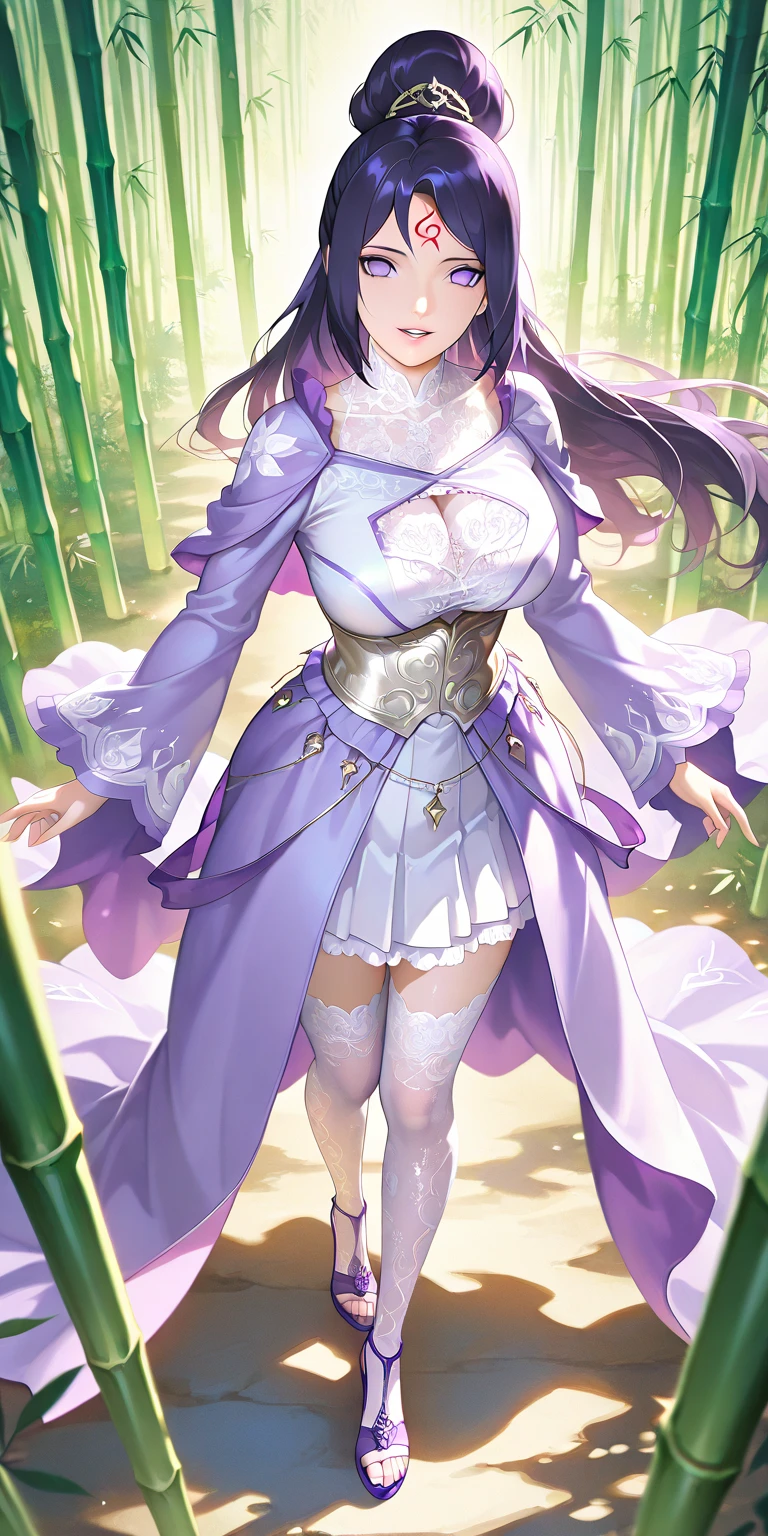 Eleonor, long brown hair slightly curled, (Dark hair), ((sharp purple eyes)), former noble from England, ((elegant and refined features)), illustration, intricate detail, beautiful eyes with a hint of mystery, 1girl, solo, wearing an exquisite Victorian-era gown with intricate lace and embroidery, masterpiece, best quality, better lights, better shadows, breasts apart, medium breasts, wide hips, milf, mature female:1.2, standing gracefully in a garden with a Sakura Blossom Tree and cherry blossoms, clear sky, soft ambient lighting, blush:1.5, looking at viewer with a gentle smile, facing viewer, elegant pose with one hand lightly touching a rose bush, cowboy shot, contrapposto, thigh gap:1.2, blue footwear, low twintails, jewelry including a hairband, bare shoulders, necklace, detached sleeves, knee boots, strapless gown revealing collarbone, closed mouth with half closed eyes:1.2, embodying a sophisticated and alluring presence, confidence,
