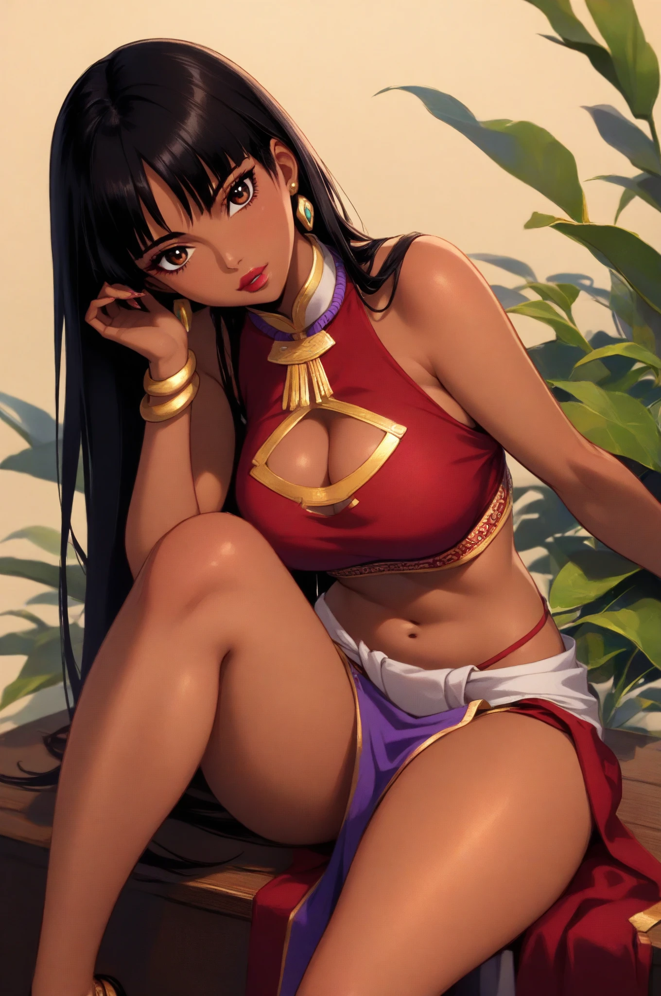 Beautiful lady who is Half African and half Japanese. Dark skin. Asian facial features. thick long hair in African braids. Wearing colorful Laplander outfit. ultra-thin-waist, ultra-wide-hips, large breasts.
