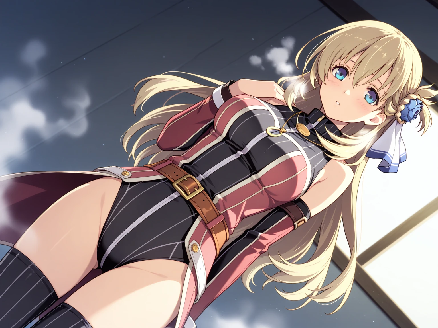 there is a cartoon female in white hot pants with her hip sticking out, (((raise ASS:1.7)),back shot,close up ass,(RED Ribbon on HAIRband:1.2),aikatsu,1 girls,in senki zesshou symphogear style , Blonde long hair,black and RED battle suit,BREAK,ultra-definition, high resolution, ultra-detail CG,caustics, Live stage, in front of super large vision, singing, Battle pose,thgear, 1girl, solo, tachibana hibiki (symphogear), medium breasts, navel, headgear, gloves, gauntlets, body suit, shorts, white scarf,Ichigo Hoshimiya (Aikatsu!),sitting, squating, looking down, look at the viewer, from below