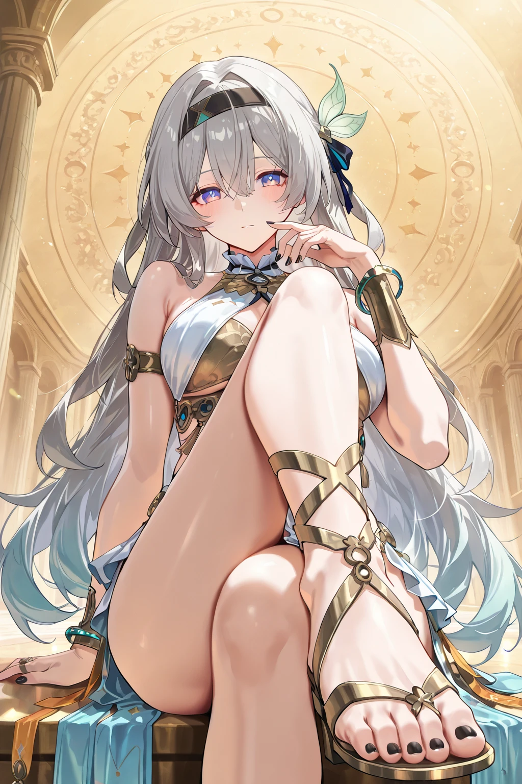 masterpiece, medieval townscape horizon Upper body girl ((((white bikini armor)))), ((((nude)))), nsfw, spread legs hands behind head clear blonde two tone hair, ((((((hair over one eye)))))), Braid Styles, spiked hair, blunt bangs, bob hair, a braid, Ahoge red eyes looking at the viewer adventurer ((from front)), open mouth, scared, standing, spread legs, spoken heart ,greaves