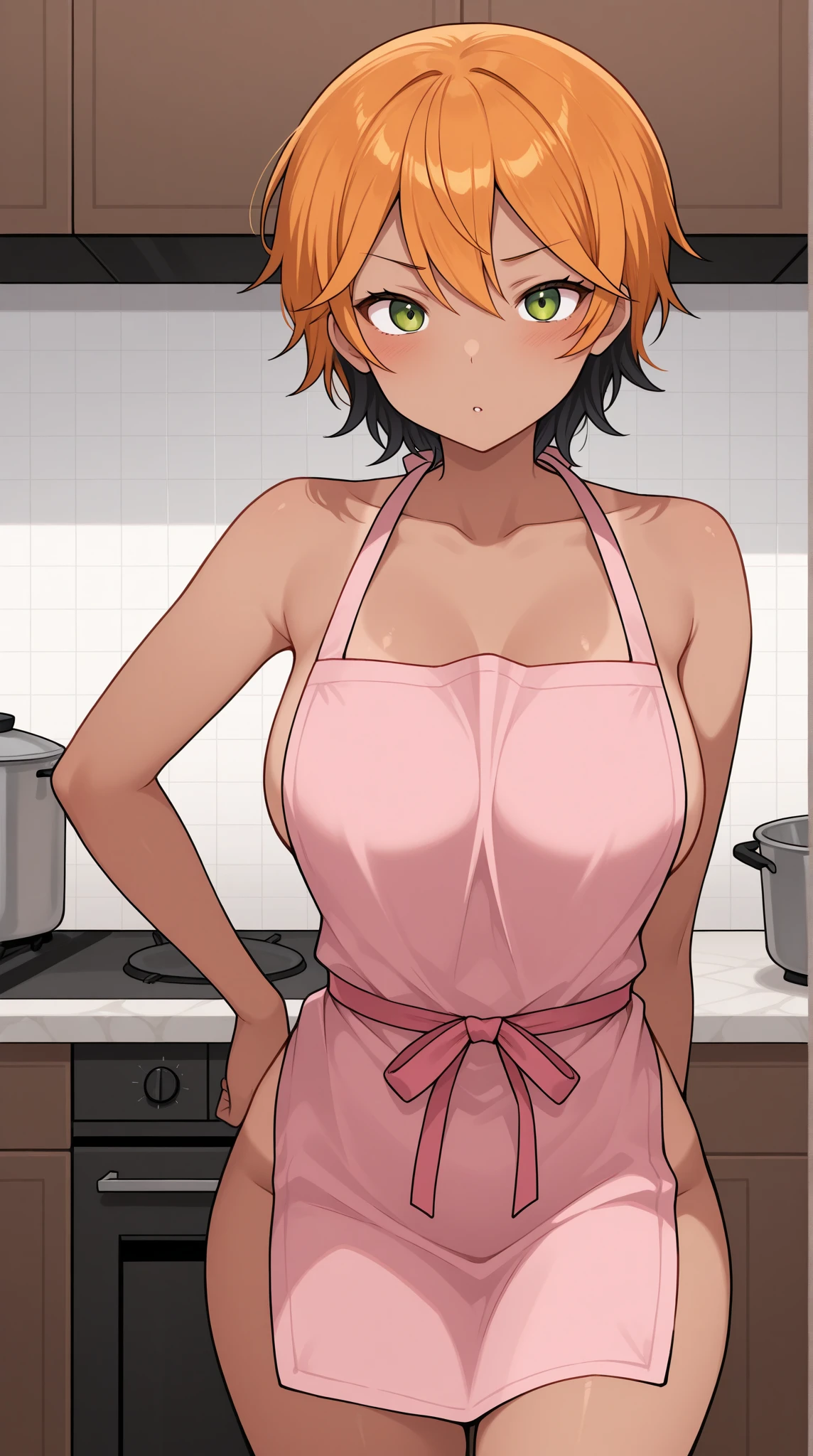 Ranma saotome, cabello rojo corto, pechos muy grandes, hermosos pechos, cuerpo completo, usando solo un delantal de cocina, sin ropa interior, senos grandes, caderas anchas, usando delantal de cocina blanco, cocinando, delantal blanco, semidesnuda, delantal de cocina, cocina sexy, delantal obseno, ricos pechos, vulgar