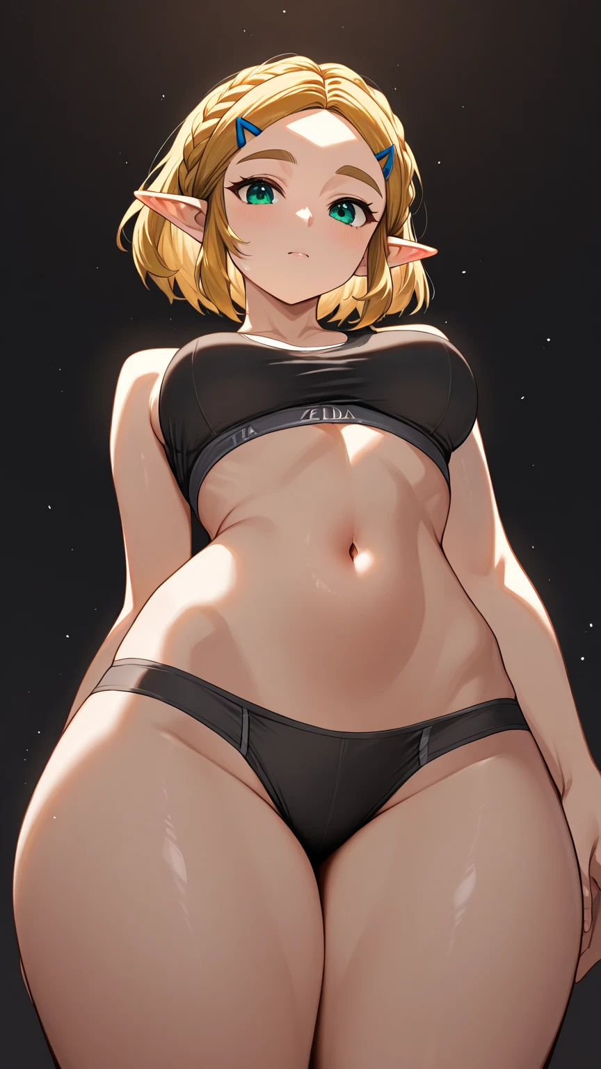 Masterpiece, highest quality, high definition, full body, girl alone, low angle, from directly below, looking up from the feet to the head, blonde hair, bob cut, red eyes, sparkling eyes, ruby eyes, tanned skin, chocolate brown skin, dark skin, underwear, underwear drawn in detail, sexy underwear, risqué underwear, irreverent facial expression, perpetual summer island, under the blue sky