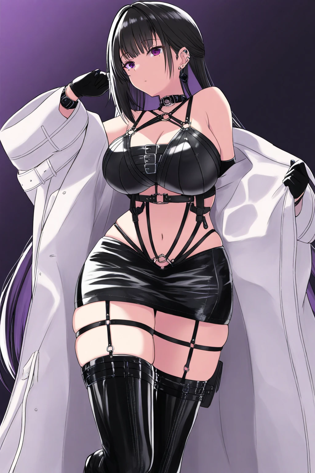 1girl in, 独奏, A dark-haired, The long-haired, thighs thighs thighs thighs, The upper part of the body, Purple hair, hanging breasted, Black footwear, black thighhighs、cowboy shot,a navel,cparted lips, huge tit,A MILF,Glossy,shinny skin,Mihara \(Nicke\)、sexypose