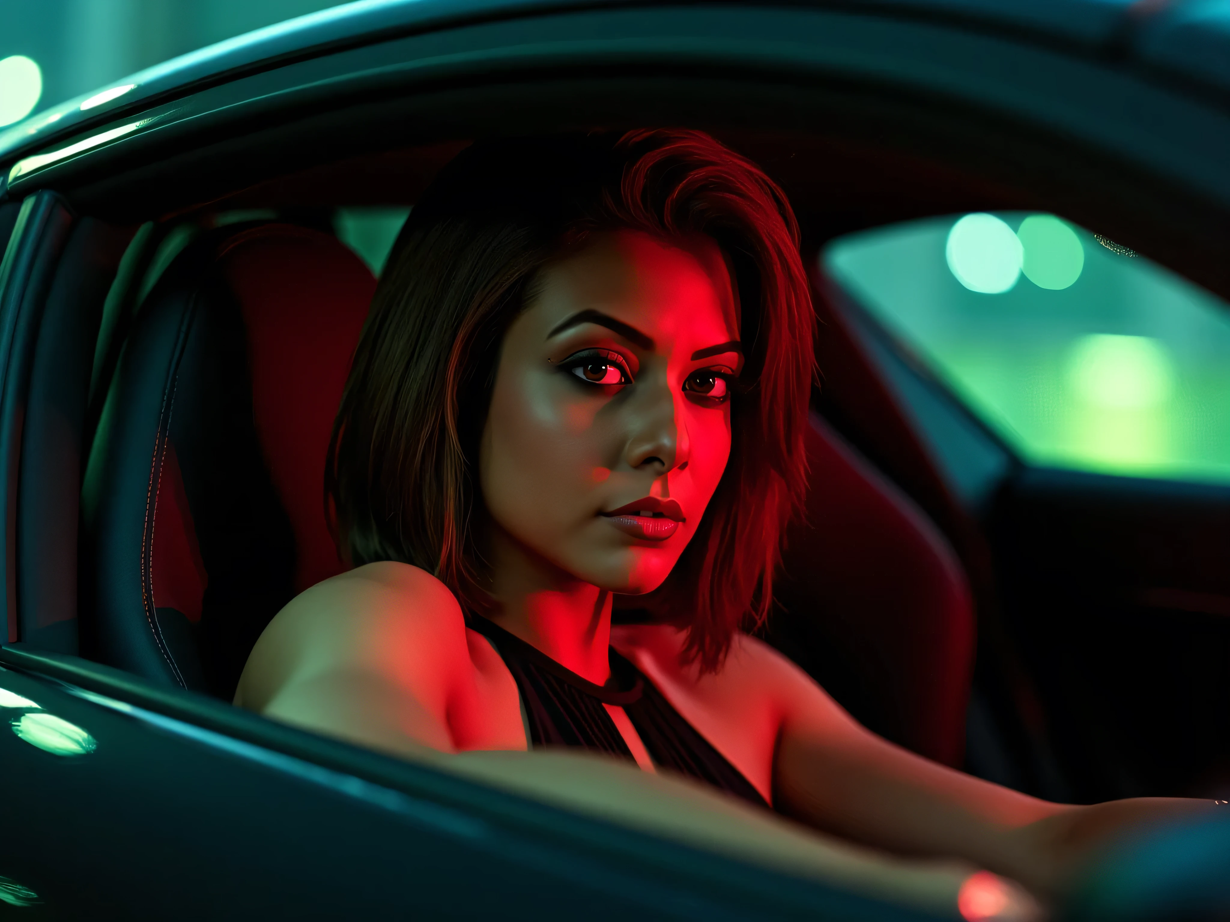 koel mallick, Close up shot of a woman formula one racer, video game protagonist, Gothic style-statement, brown voluminous boys-cut hair with side-fade, nose and ear piercing, eyebrow slit, face tattoos like a rapper. wearing black halterneck bodycon, red eyeballs. Sitting inside a black luxury sports-car, looking out of window directly at the camera, serious vengeful cold expression, one arm resting upon the window channel. Dark, night time, 4k, photo-realistic, high contrast, action movie concept art, masterpiece, low angle bottom view, action pose. UDH Wallpaper, DSLR, ultra-detailed, ultra-sharp, strong red, blue, black and green dominated colour palette.