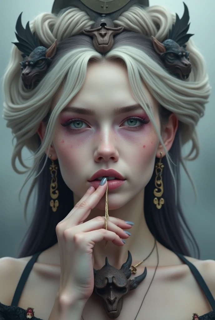 gothic beauty, Whimsical por Russ Mills por Anna Dittman, fondo oscuro espeluznante, caveira, Huesos, rubi, Cabello largo y ondulado, scenic, Lindo, adorable, bonita, 8k resolution concept art portrait by Greg Rutkowski, Artgerm, WLOP, Alphonse Mucha dynamic lighting hyperdetailed intricately detailed Splash art trending on Artstation triadic colors Unreal Engine 5 volumetric lighting, Gothic, High resolution, Retrato de cerca, Luz ambiental, Nikon 15mm f/1.8G, Por Lee Jeffries, alessio albi, Adrian Kuipers, victoriano, glamur, Entorno intrincado y detallado, Cordones, Manchas, Acuarela fondo oscuro, Obra maestra, royo, recargado, profundidad