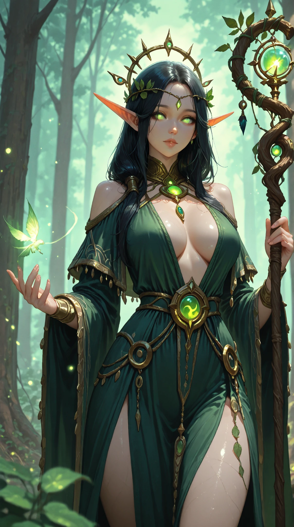 (highres, realistic:1.2), witch, seductive pose, voluptuous figure, flowing dark hair, alluring green eyes, revealing dress, enchanting smile, bewitching charm, mystical background, atmospheric lighting, intense colors