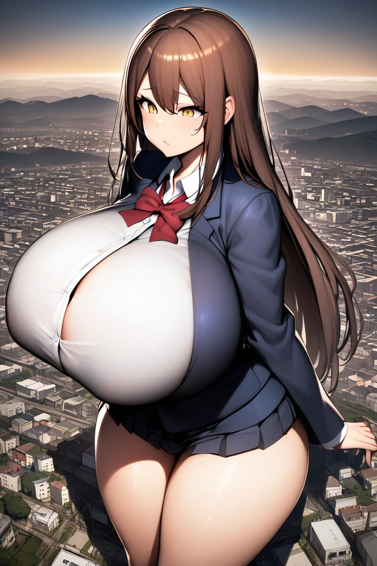 Big Breasts, Bikini in Conquest, Blazer Uniform, Uniform skirt, Tight-fitting shirt　　 Long Hair　Brown Hair　Twin tails　 No pants, plump belly, Downtown, night, Dark Skin, Comfortable face, Red cheeks　　Platform loafers, loose socks, Nipples and areola visible through clothing, Angle that reflects the whole body, Bow legs, Fluid leaking from crotch area after fingering, Black hair tie　Grin, Top Angle　Miniskirt

