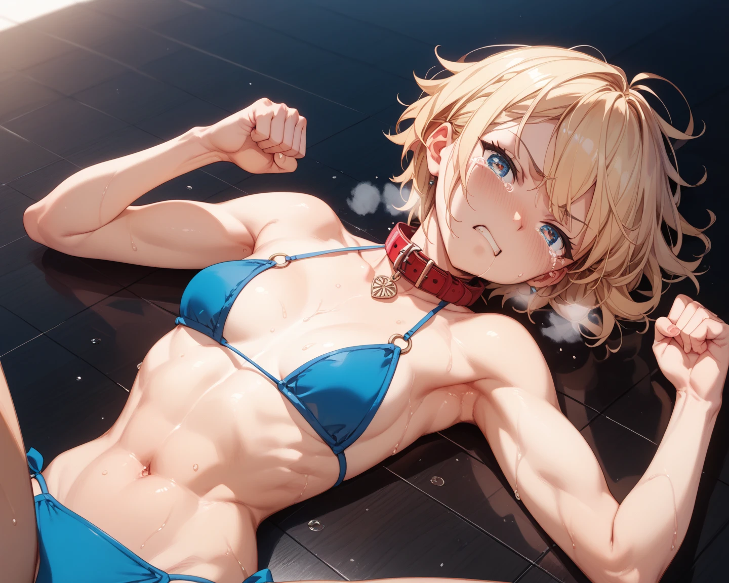 masterpiece, best quality, ultra detailed, ultra high resolution, very detailed face, solo, ((anime)), 20 years old girl, (((micro bikini))), ((golden short hair)), (((medium breast))), (six pack abs:1.2), ((little smile)), (sweat:1.15), ((lying on the mat, in the beach))