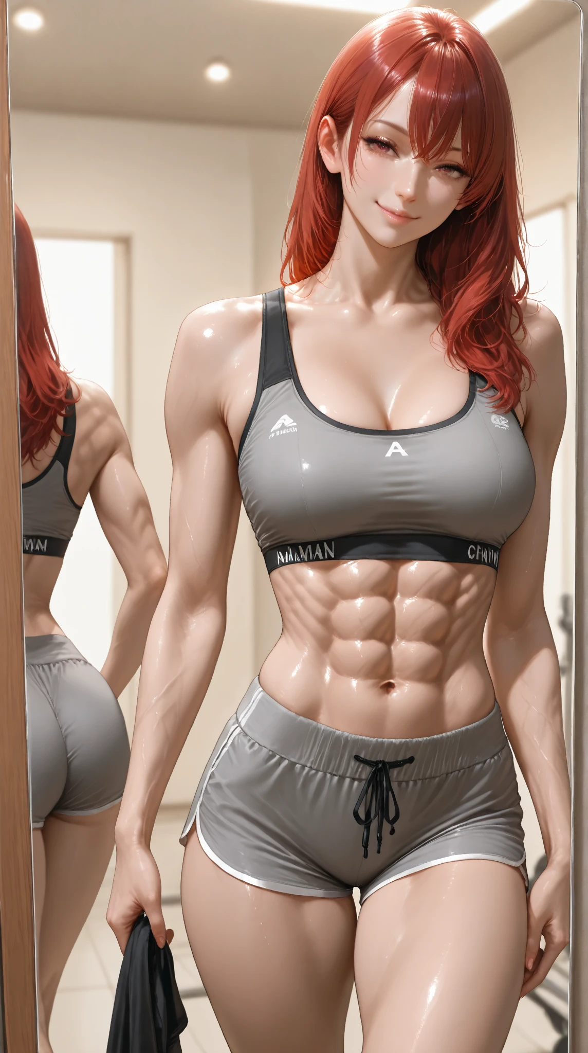 masterpiece, 1girl, solo, highlights in the eyes, angry, blue hoodie, white t-shirt, gray sweatpants, purple and blue two-tone hair, black back of hair, disheveled hair, indoor, in a living room, sexy, 8k, belly button, slim, beautiful skin, abs