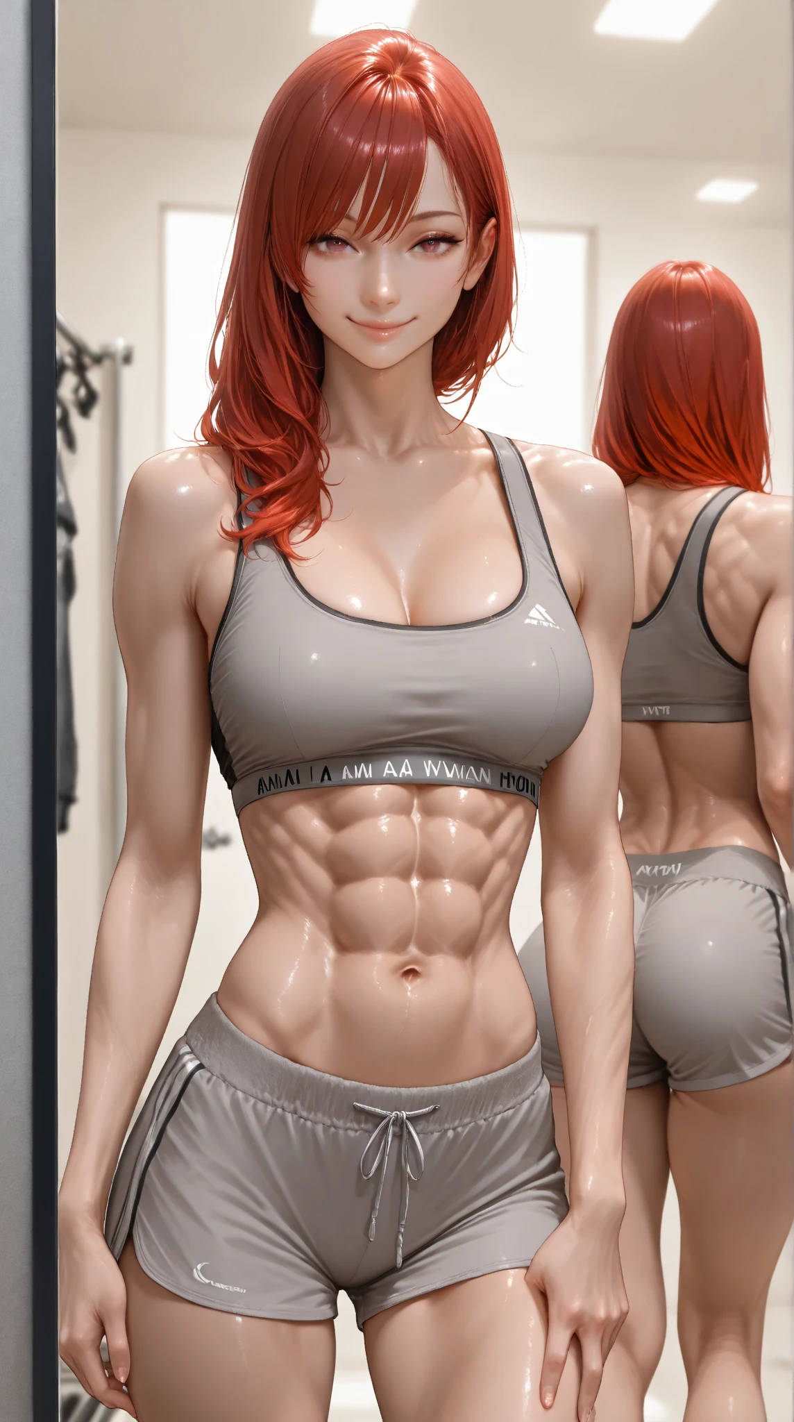(best quality,masterpiece:1.2),ultra-detailed,(realistic:1.37),high-resolution,redhead girl,tight-fitting clothing,big breasts,curvaceous figure,vibrant red hair,voluptuous body,feminine curves,beautiful facial features,intense gaze,graceful posture,soft skin,luscious lips,delicate eyelashes,stylish makeup,fierce and confident expression,playful smirk,perfect physique,gorgeous hourglass shape,no body fat,shredded toned body,eight pack abs,deltoids,shredded muscular legs,subtle shadowing,satin-like textures,sublime craftsmanship,carefully crafted artwork,sensual appeal,mesmerizing beauty,powerful presence,alluring charm,striking attractiveness,dynamic and captivating,attention-grabbing composition,radiant colors,rich color palette,soft lighting,romantic atmosphere,artistic flair,stunning visual impact