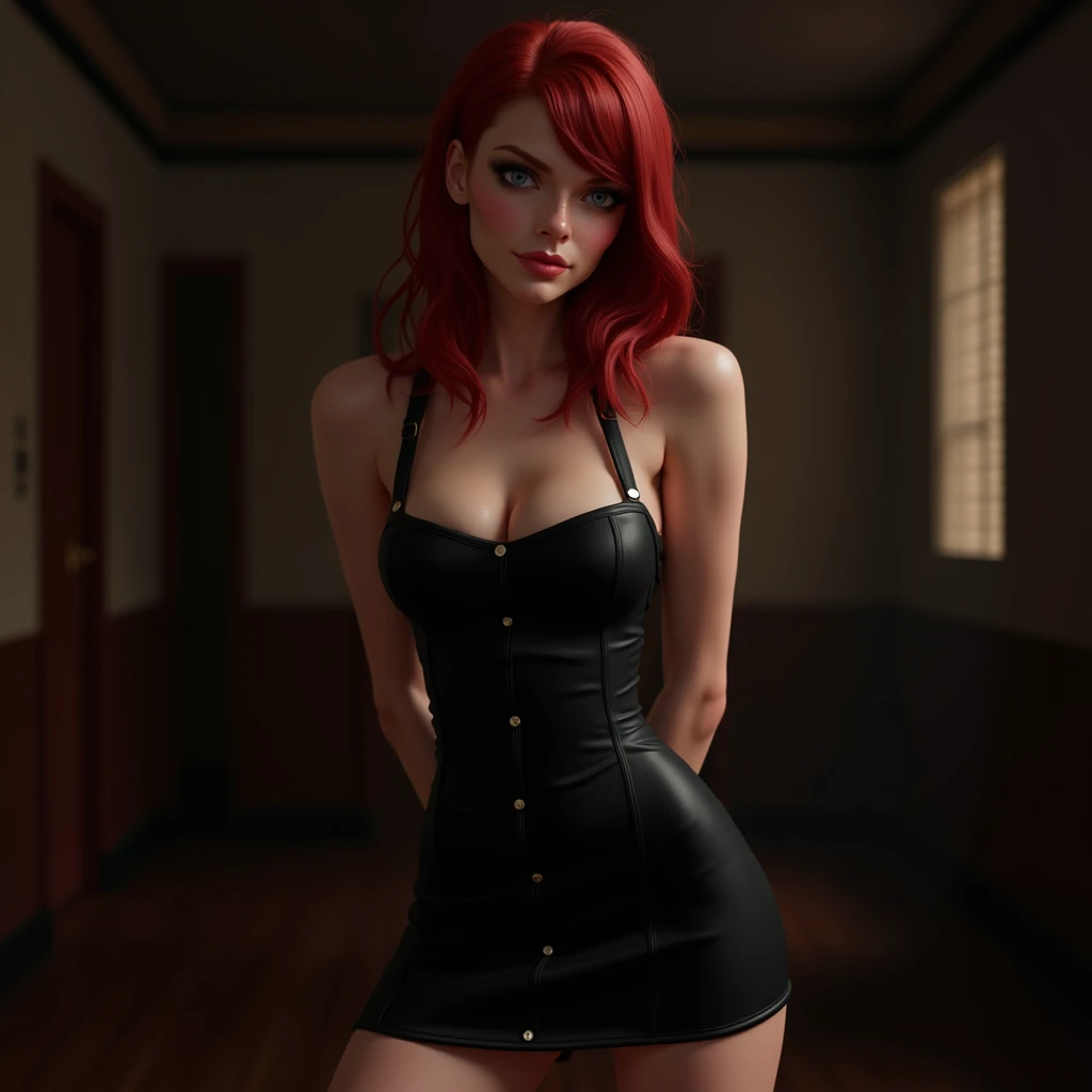 there is a woman with red hair and stockings standing in a room, leeloo outfit, dark and sensual style, hyperrealisitic , wearing a punk outfit, 2b, 2b, in clothes! highy detailed, realisitic shaded perfect body, thigh and skirt, sexy outfit, ultra realisitic picture, highy detailed full body, realisitic , realisitic artstyle