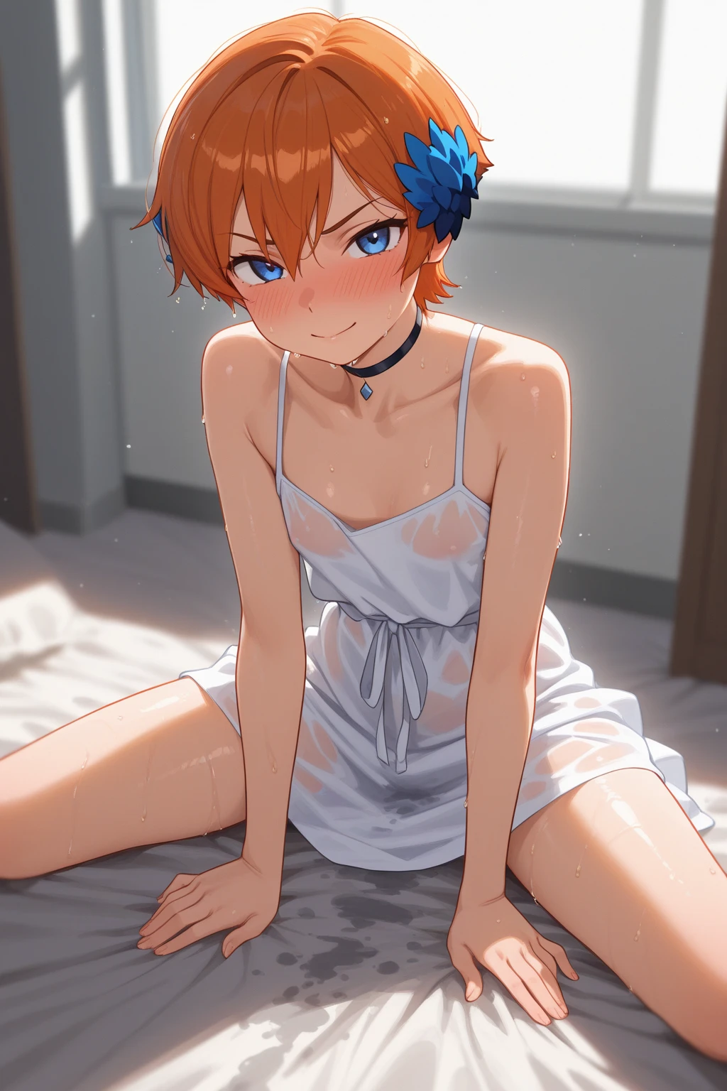(Masterpiece), Best Quality, ultra-detailed, 1girl (claasicgwen,solo,orange hair,short hair,green eyes), a come-hither face, parted lips, nose blush, blush, looking at viewer, solo, ????? body, see-through nightgown, cleavage, in the bedroom, night time, standing, Sexy waist teasing, come-on