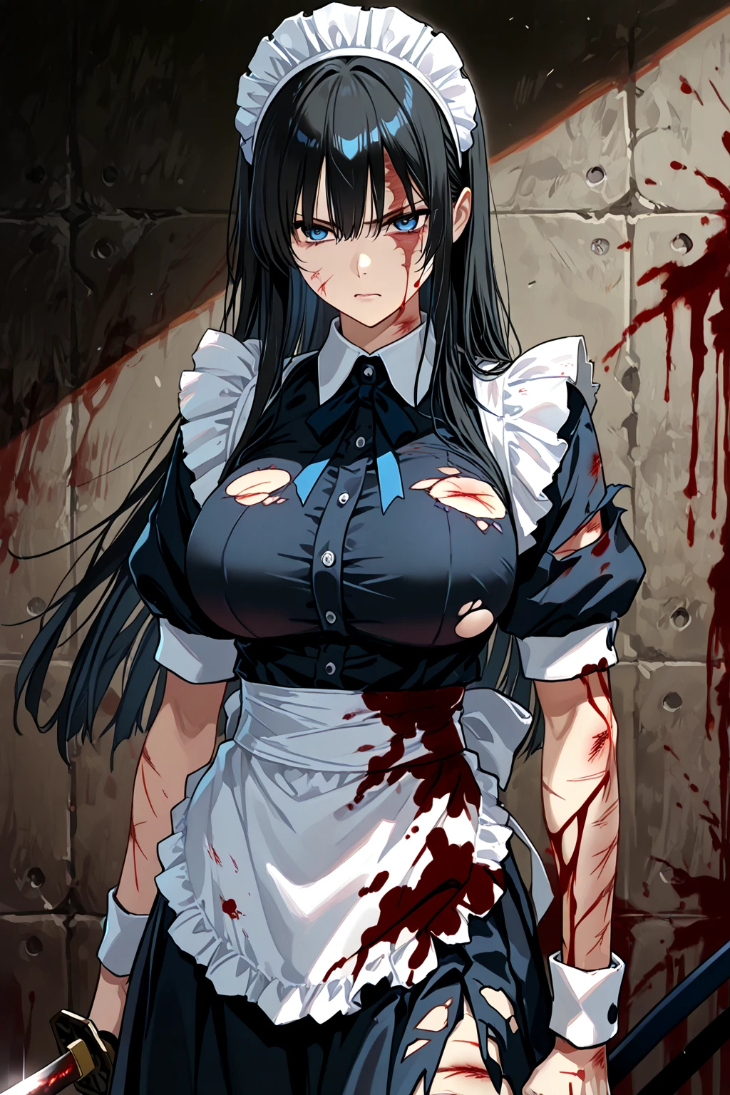 Realistic Japan horror movie taste images, masutepiece, (Best Quality), (absurdness quality), High resolution, 32K, (Photorealistic:1.4), Black hair, {{{Ultra-realistic photos of Sadako}}}, (((torn, Strapless, White Dress))), {{{Long hair above the eyes, eyes covered, The whole face hidden by long hair}}}, Spooky Ghost Woman, Messy abandoned house, TV in room, Dark atmosphere, Super huge absurde cleavage exposed from white dress, very large breasts, Full body shot, whole room view, Super big spilled out of the dress,