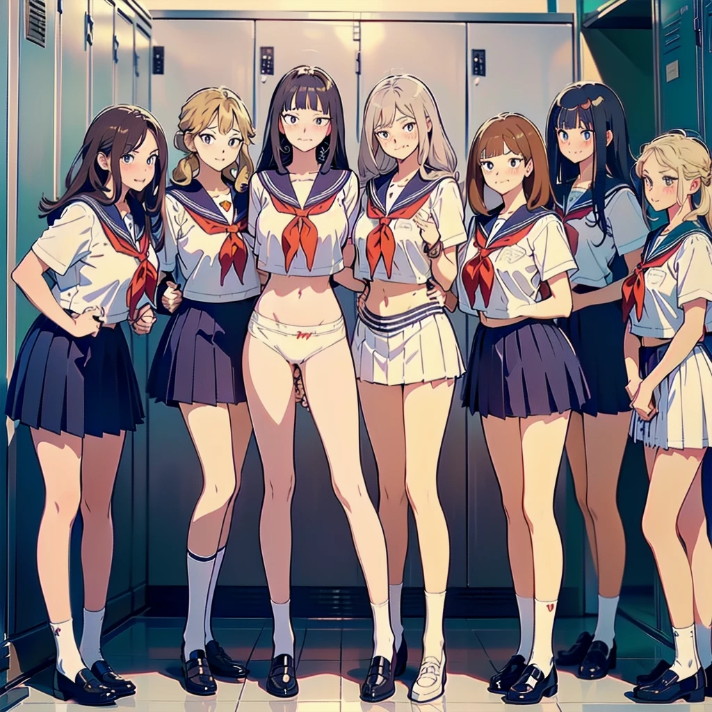 (master piece, high quality), (multiple girls), 14yo,  locker room, (white panties), school shirt, (group selfie), wide angle, soft light,Press against chest,Crushed chest,crotch grab,A girl is masturbating,NSFW

