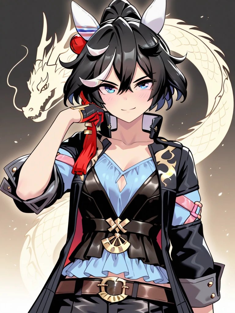 1 boy,more details in eyes,cute,looking at viewer, adorabel boy,cute face,handsome,young,juvenile,((masterpiece:1.4,best quality)),multiple details,colorful hair,eyeshadow, lamia, snake tail, emo, crop top, black snake tail, fox ears