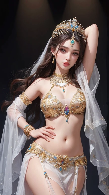 masterpiece, high quality, 4K, Beautiful design, (from the front, Whole body),Award-winning photo, Very detailed, wonderful, The finer details, Absurd, Very detailed女性, (small breasts:1.5),Very detailed eyes and face,(A woman dancing belly dance), cleavage,alone, Slender,Woman in her 30s, Shiny, Shining fabric, (Encrusted with jewels), Abdomen is visible ,(In an Arabian palace),(In a large crowd),Beautiful belly dancer,