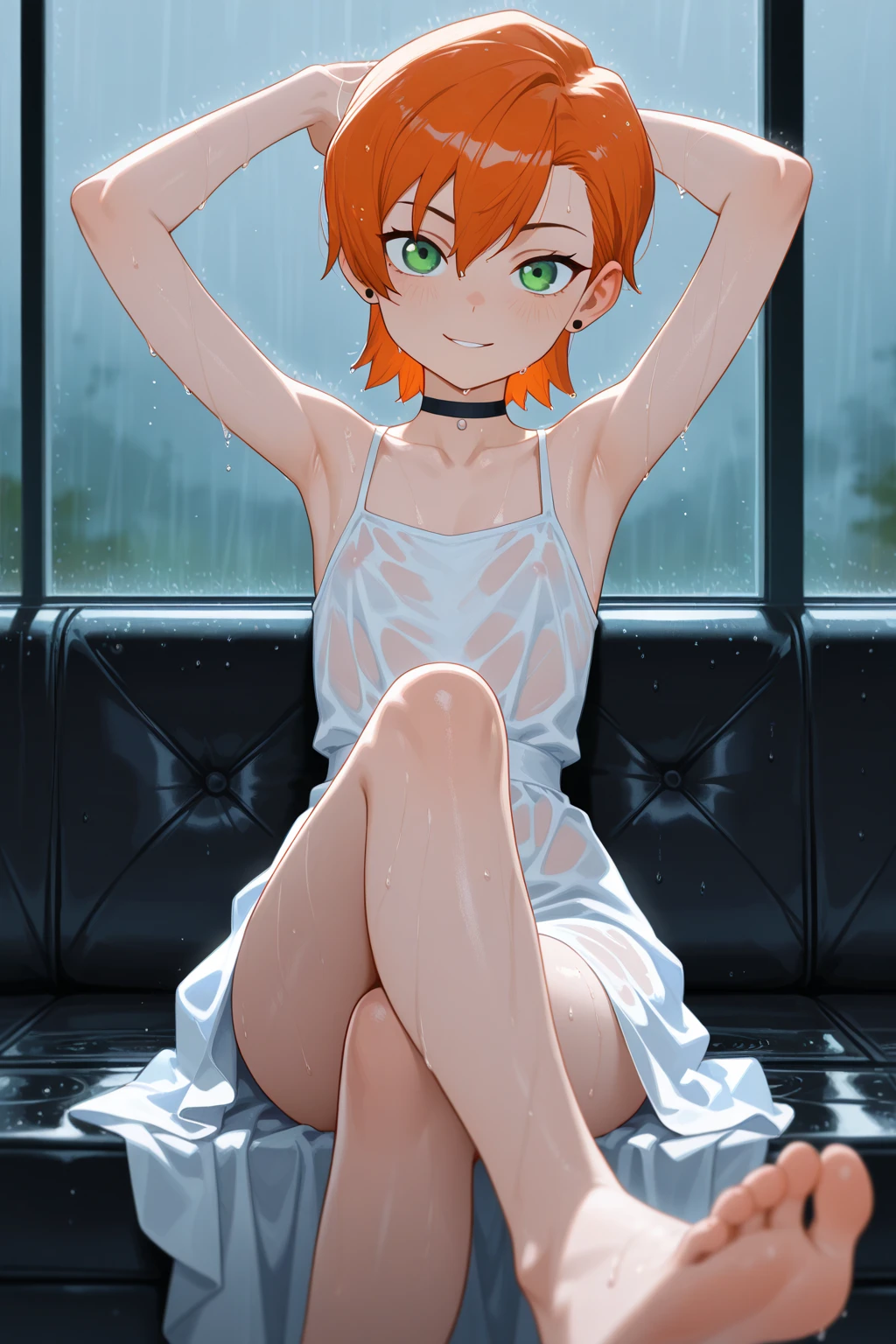score_9_up, score_8_up, score_7_up, Gwendolyn_Tennyson, wearing strapless mini bodycon dress, upskirt, skirt lift, cute panty visible, wearing panty, standing in water, wet, looking at viewer, shy, confused
