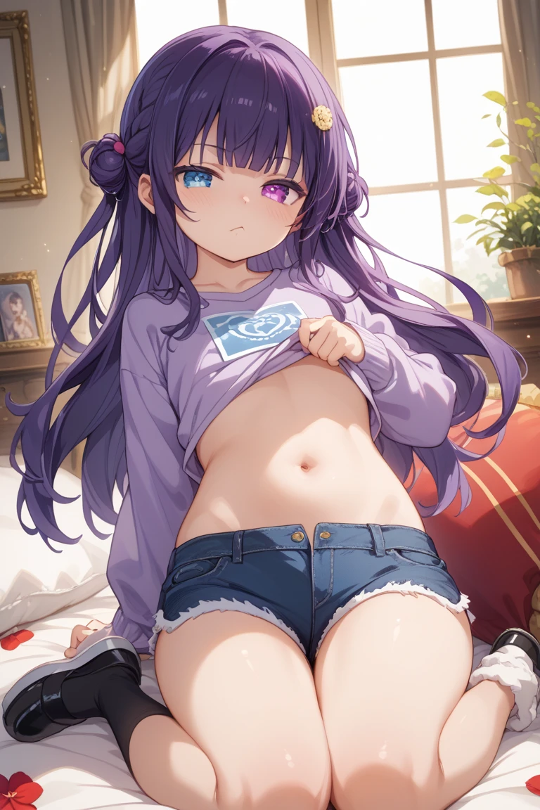 absurderes:1.8, (HoshinoAi、solo、), realistic, Unity 8K Wallpaper, Masterpiece, detailed hair, highly detailed, realistic glistening skin、long hair, purple hair:1.2, purple eyes, smile, bangs, (one side up:1.2, star-shaped pupils:1.4, rabbit hair ornament, symbol-shaped pupils:1.4, bed room、underwear:1.4)、((Sitting with Knees Up on sofa at living, spread legs))