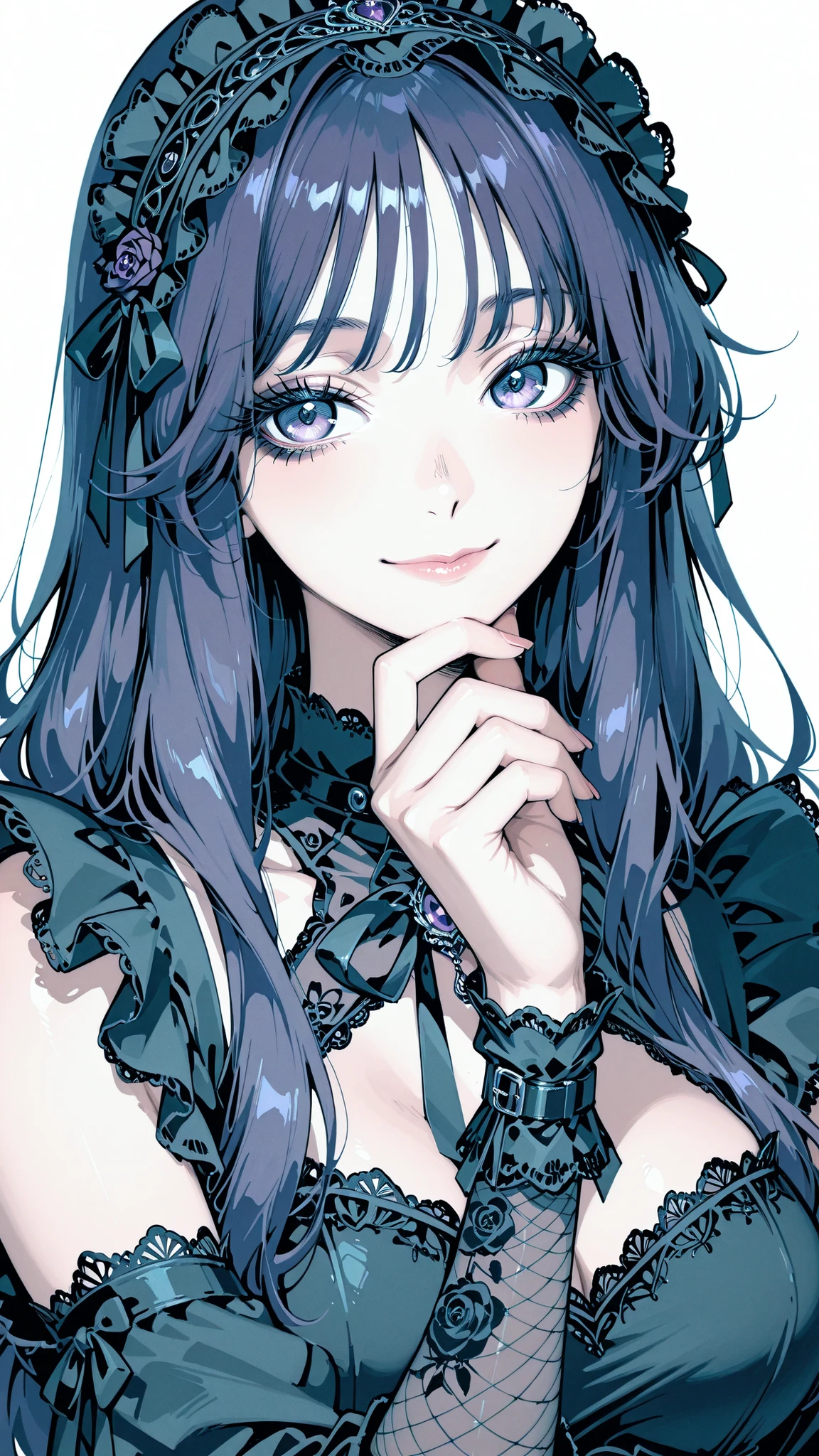 masterpiece: 1girl, {extremely_beautiful_detailed_anime_face},
(best quality, masterpiece, ultra-detailed), portrait of Kaoruko Waguri from Kaoru Hana wa Rin to Saku, both hands gently resting under her chin, fingers delicately touching, serene yet elegant gaze, slight refined smile, long dark purple hair with soft waves at the tips, styled with volume and parted bangs, wearing a gothic maid-style dress in black and dark lavender, low-cut neckline, sleeveless design, detailed with lace, ribbons, and delicate floral motifs, graceful and romantic look, arms covered with black mesh fishnet arm warmers, wearing a matching gothic headpiece in black and lavender with lace accents, soft gothic makeup (black eyeliner, long lashes, soft berry lipstick), white background, soft lighting, realistic shading and textures, anime style, clean linework, high resolution
